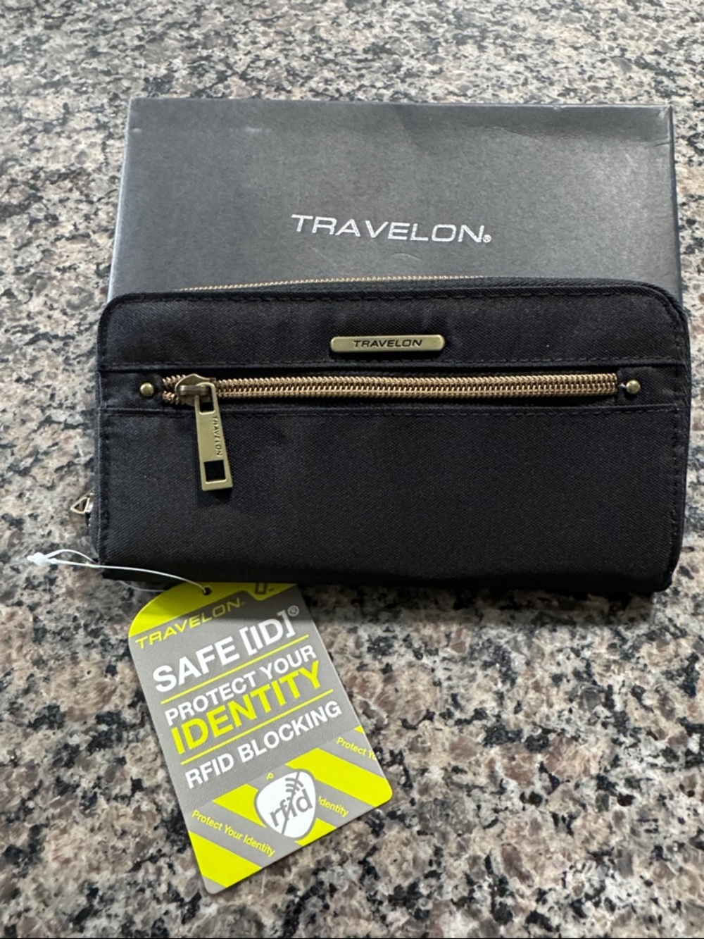 Travelon Black Fabric RFID Wallet with Gold Accents